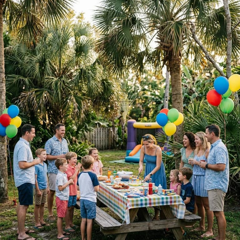 Illustration of a backyard family party
